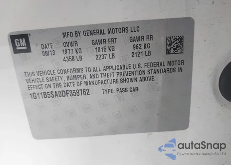 2013 Chevrolet Malibu 1Ls from USA, damaged, VIN 1G11B5SA0DF358762